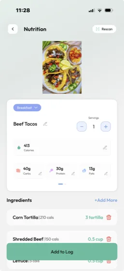Cal360 scan result showing calories, protein, carbs, and fat for a meal