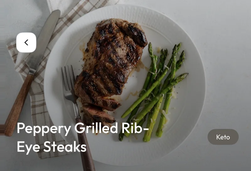 Peppery grilled rib-eye steaks from the Cal360 keto meal plan