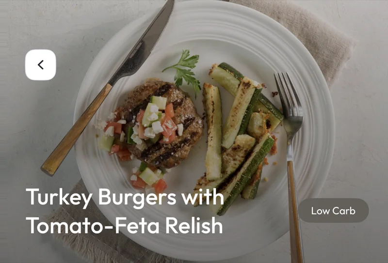 Turkey burgers with tomato-feta relish from the Cal360 low carb meal plan