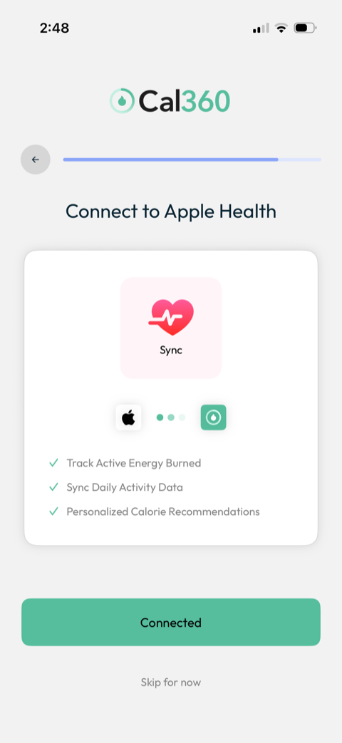 Cal360 Apple Health sync screen tracking active energy burned and daily activity