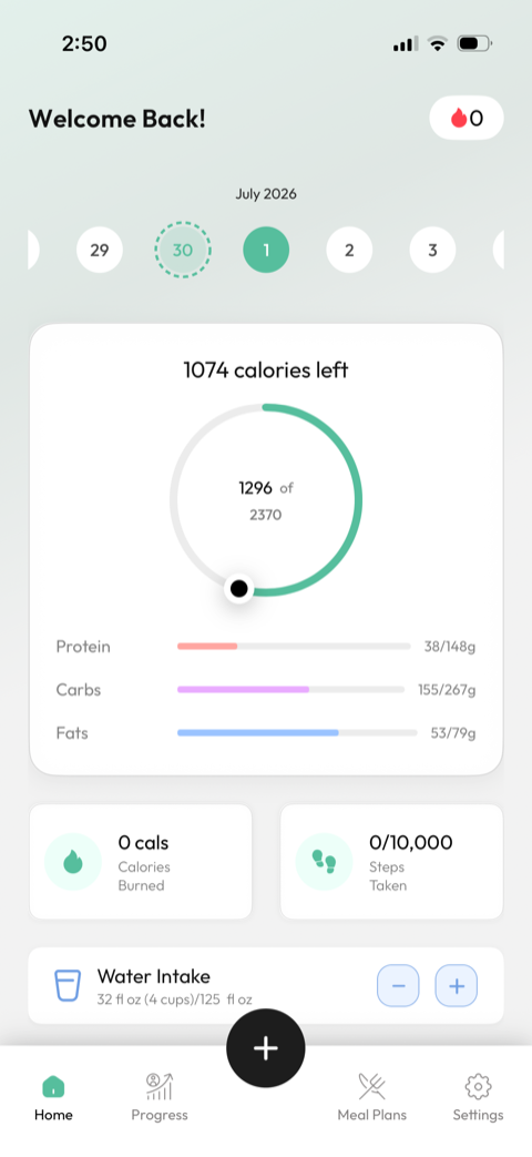 Cal360 dashboard with live macro tracking bars for protein, carbs, and fats against daily gram targets