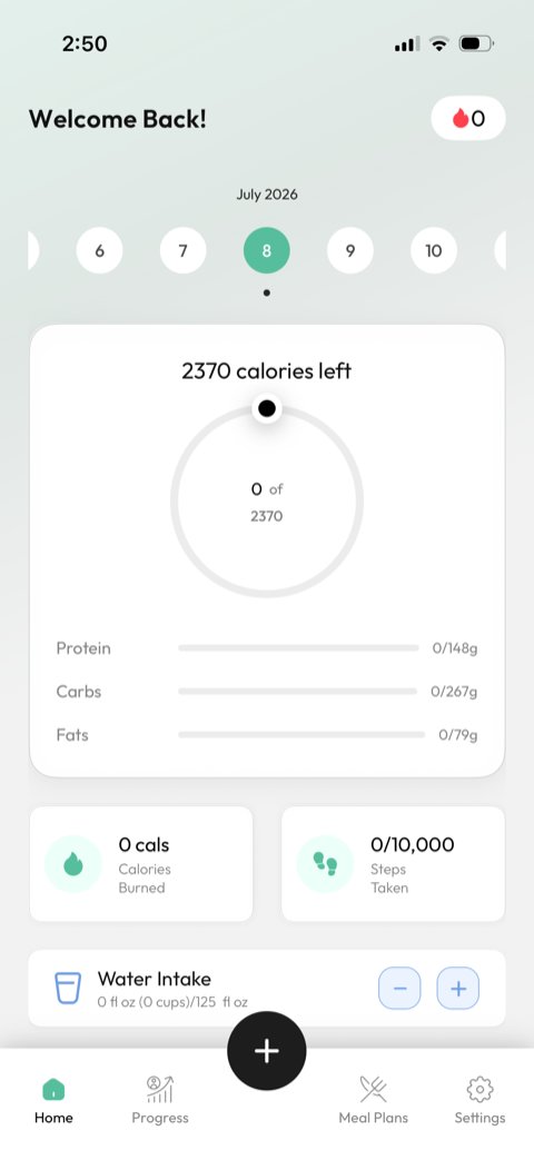 Cal360 daily calorie tracker dashboard showing calories left, protein, carbs, and fat targets