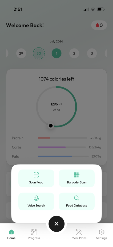 Cal360 food logging menu with Scan Food, Barcode Scan, Voice Search, and Food Database options