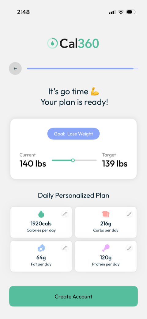 Cal360 personalized daily plan with calorie, carb, fat, and protein targets