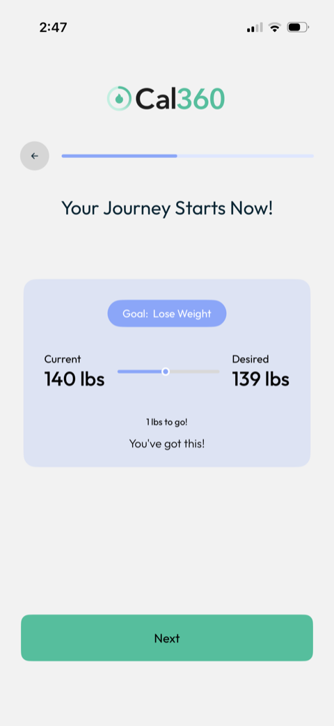 Cal360 weight loss goal screen turning a goal into a doable daily plan