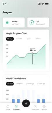 Cal360 progress screen with weight chart and weekly calorie intake