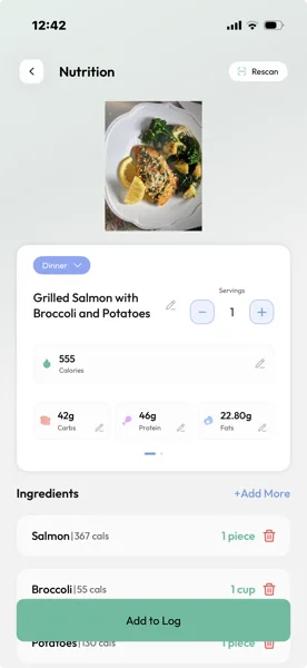 Cal360 AI photo scan result for a grilled salmon bowl with 400 calories and full macros