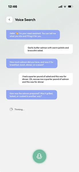 Cal360 voice logging conversation logging grilled salmon with quinoa